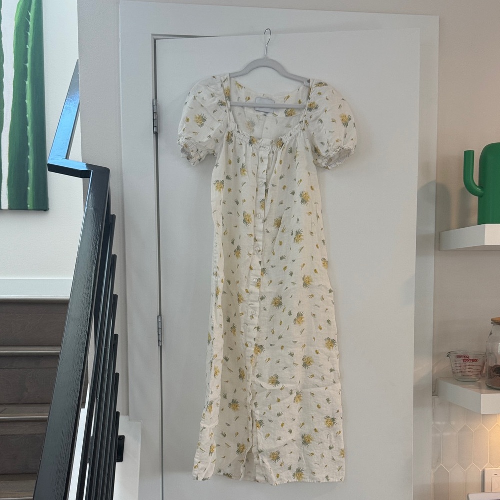 Sleeper Cream Yellow Floral Midi Dress w/ strap 100% linen